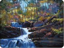 oil painting, autumn waterfall, Delaware water Gap